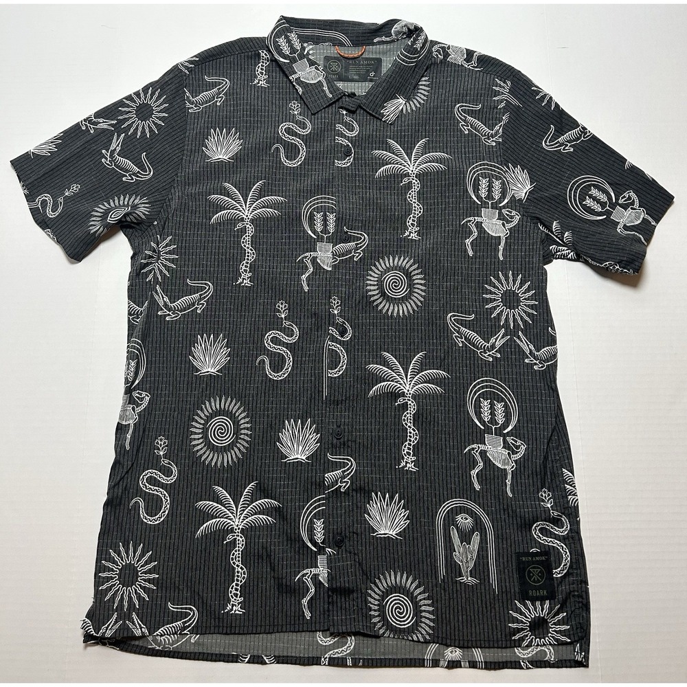 Roark Bless Up Trail Shirt Mens Large Run Amok Short Sleeve Button Up EUC AOP